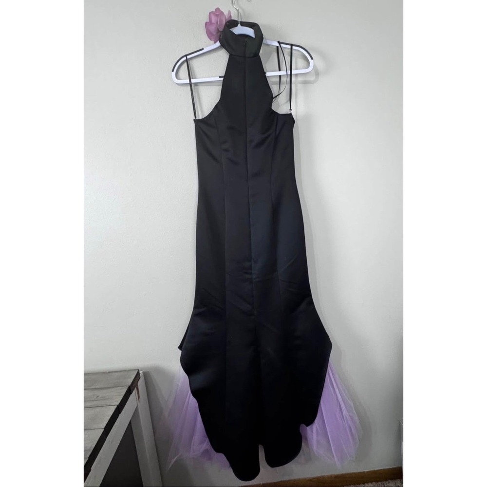 Jessica McClintock for Gunne Sax Black Halter Lavender Tulle Train Formal  USA 5
